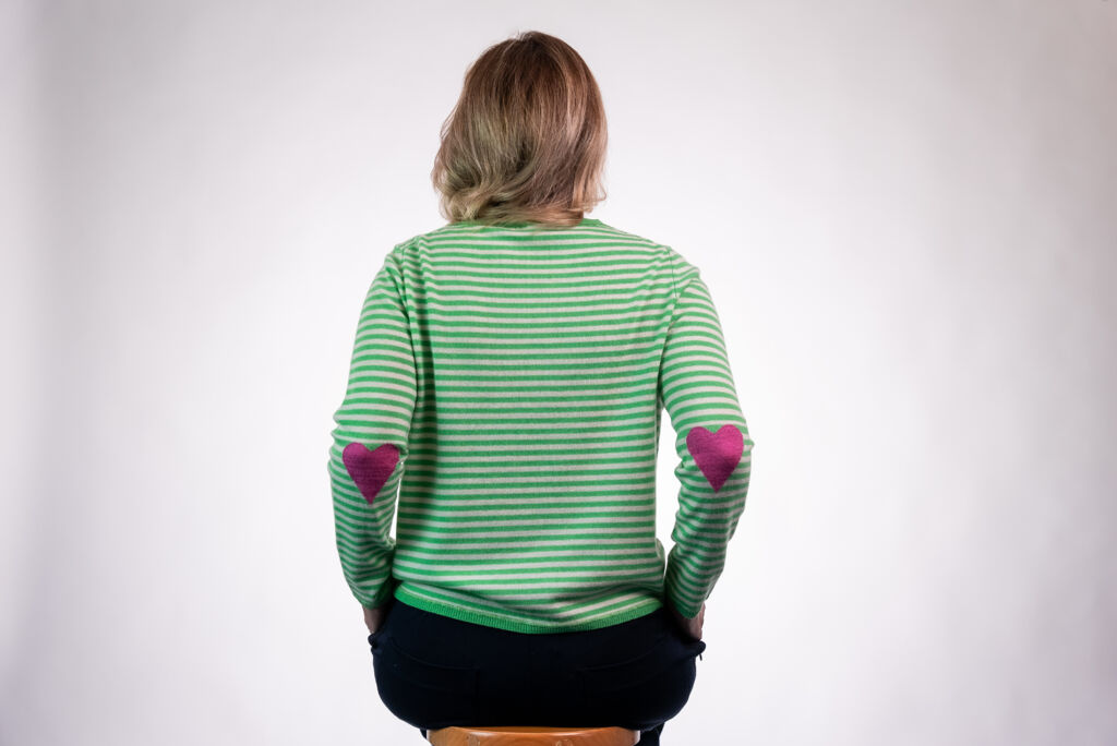 Boxy striped sweater with pink heart intarsia
