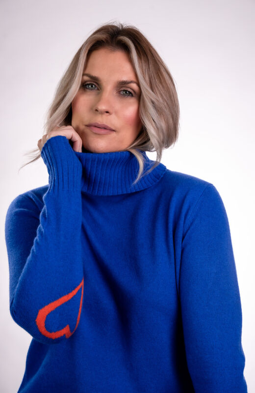 Rib detail roll neck with intarsia heart elbow design