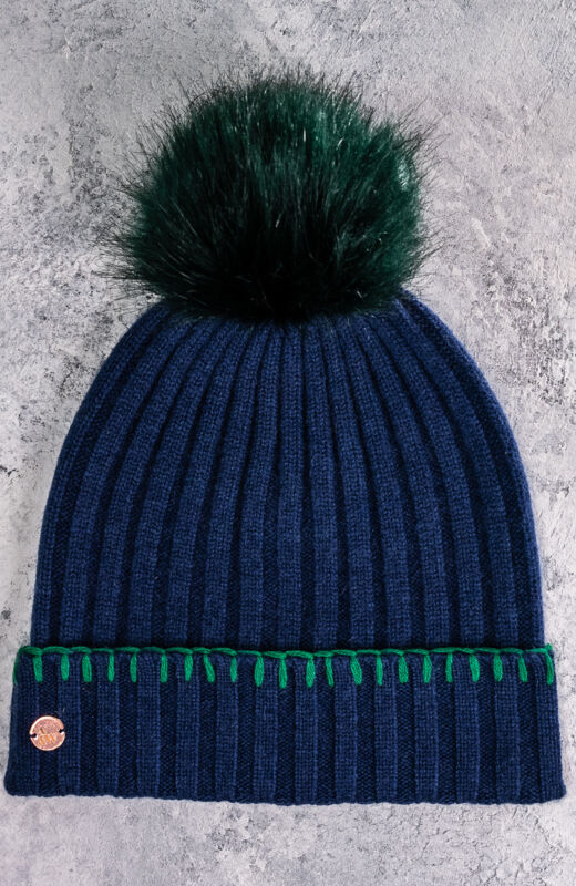 100% Cashmere rib beanie with contrast blanket stitch detail and faux fur pom